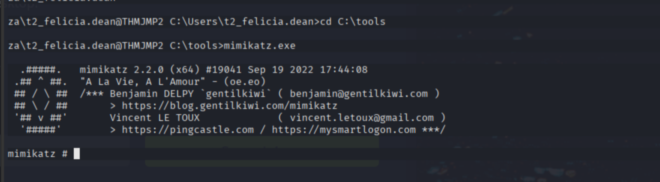 mimikatz.exe launched on THMJMP2 showing the mimikatz banner